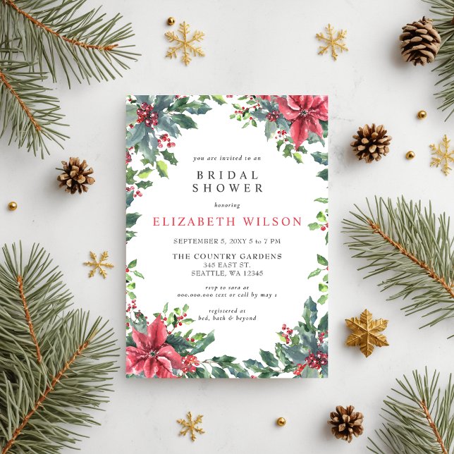 Rustic Poinsettias Holly Christmas Brautparty Einladung (Rustic Poinsettias Holly Christmas Bridal Shower Invitation)