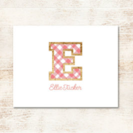 Rustic & Preppy "E" Pink Gingham on Wood Girly Mitteilungskarte