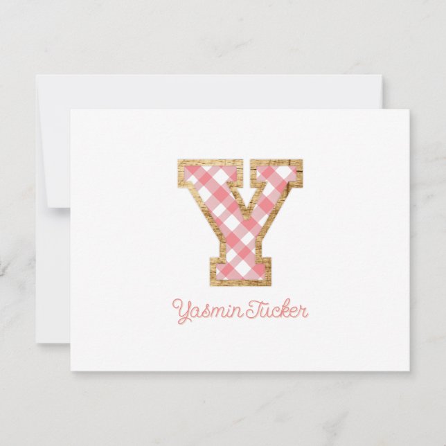 Rustic & Preppy "Y" Pink Gingham on Wood Girly Mitteilungskarte (Vorderseite)