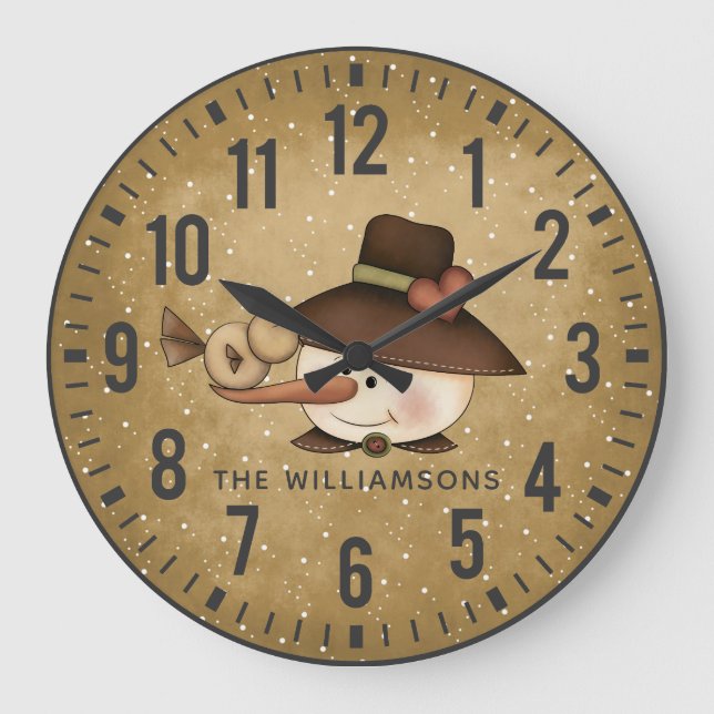 Rustic Primitive Snowman Personalized Große Wanduhr (Vorderseite)