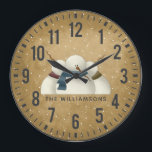 Rustic Primitive Snowmen Christmas  Personalized Große Wanduhr<br><div class="desc">Three rustic,  primitive,  whimsical snowmen on a grungy background with falling snow. Clock is personalized. The perfect gift for any snowman lover!</div>