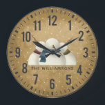 Rustic Primitive Snowmen Christmas  Personalized Große Wanduhr<br><div class="desc">Three rustic,  primitive,  whimsical snowmen on a grungy background with falling snow. Clock is personalized. The perfect gift for any snowman lover!</div>