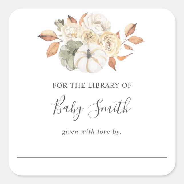 Rustic Pumpkin Baby Showbibliothek Buchzeichen Quadratischer Aufkleber (Vorderseite)