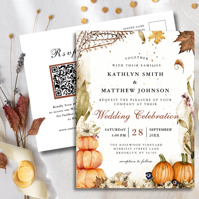 Rustic Pumpkin Botanischer Herbst Hochzeitskode QR Einladungspostkarte (Von Creator hochgeladen)