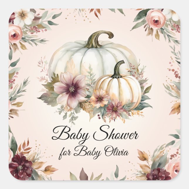 Rustic Pumpkin Burgundy Fall Floral Baby Dusche Quadratischer Aufkleber (Vorderseite)
