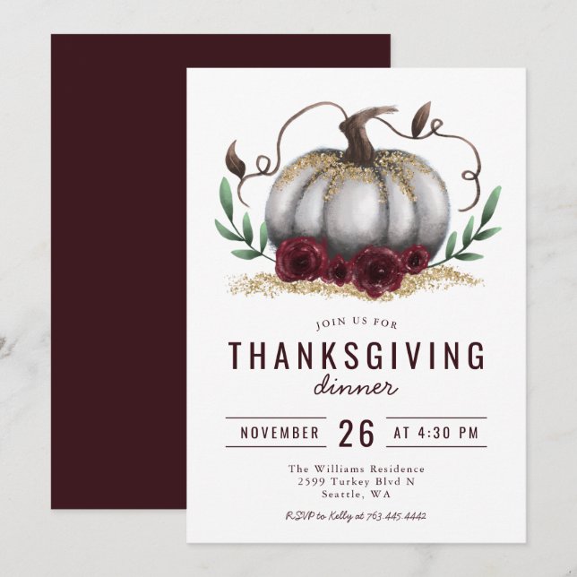Rustic Pumpkin Burgundy Gold Erntedank Dinner Einladung (Vorne/Hinten)