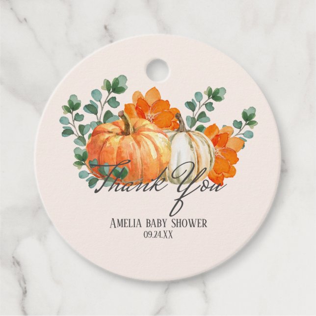 Rustic Pumpkin Fall Blumendusche Baby Baby Dusche Geschenkanhänger (Vorderseite)