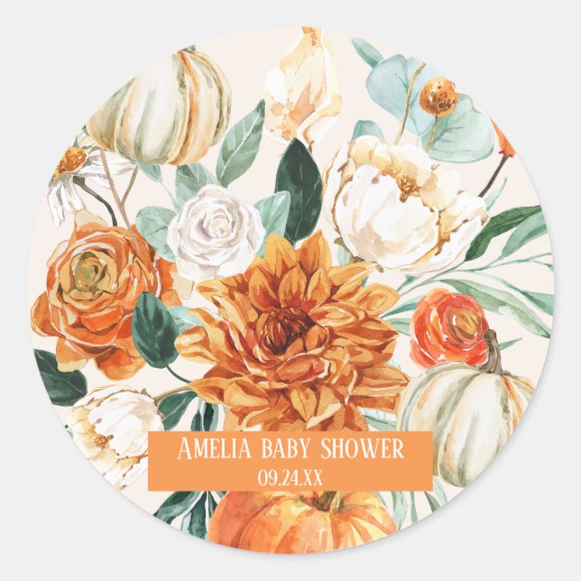 Rustic Pumpkin Fall Blumendusche Baby Baby Dusche Runder Aufkleber (Vorderseite)