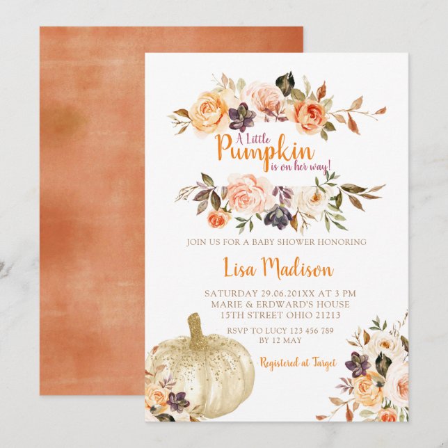 Rustic Pumpkin Floral Baby Dusche Einladung (Vorne/Hinten)