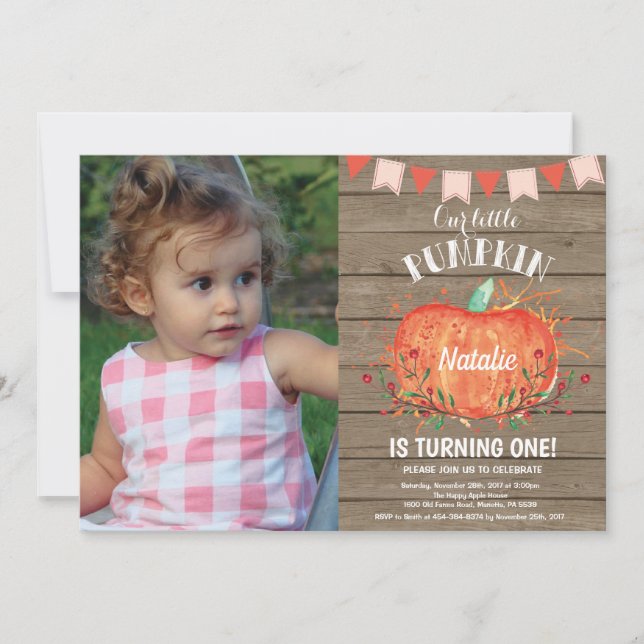 Rustic Pumpkin Geburtstag Einladung Pink (Vorderseite)