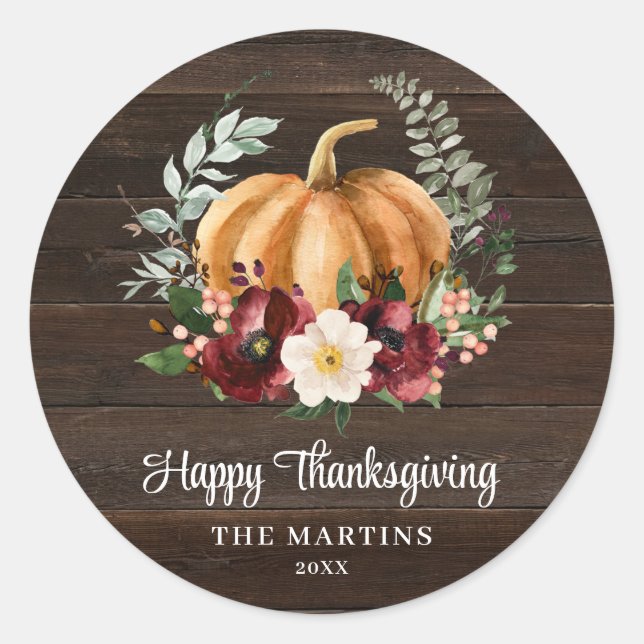 Rustic Pumpkin Happy Thanksgiving Gefallen Runder Aufkleber (Vorderseite)