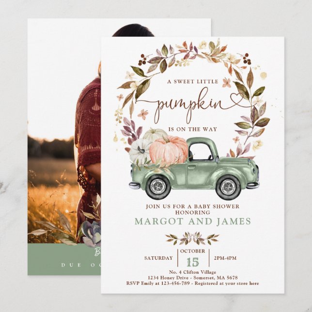 Rustic Pumpkin Lieferwagen Truck Sage Green Baby D Einladung (Vorne/Hinten)