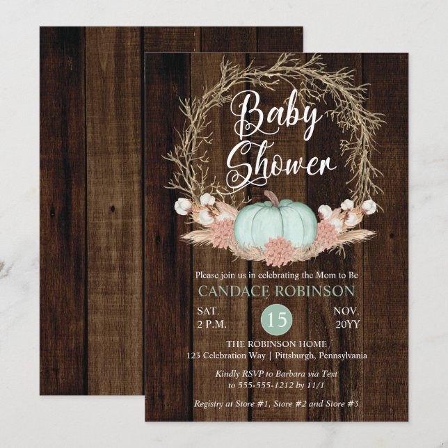 Rustic Pumpkin Pampas Wreath Boy Baby Dusche Einladung (Vorne/Hinten)
