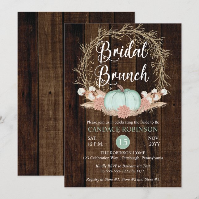 Rustic Pumpkin Pampas Wreath Bridal Brunch Einladu Einladung (Vorne/Hinten)