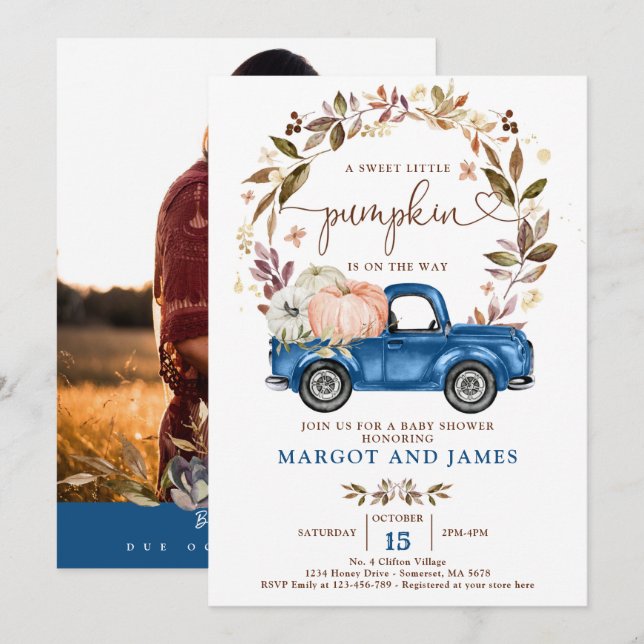 Rustic Pumpkin Truck Classic Blue Baby Dusche Einladung (Vorne/Hinten)