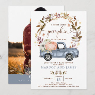 Rustic Pumpkin Truck Dusty Blue Baby Dusche Einladung