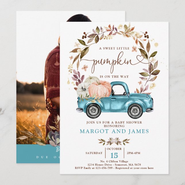 Rustic Pumpkin Truck Sapphire Blue Baby Dusche Einladung (Vorne/Hinten)