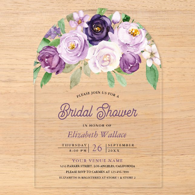 Rustic Purple Floral Bridal Shower Acryleinladungen (Vorderseite)