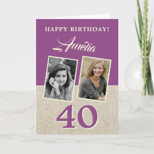 Rustic Purple Happy 40. Geburtstag 2 Fotos Karte