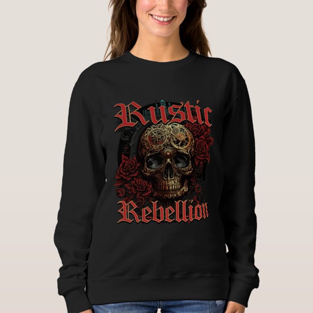 Rustic Rebellion Steampunk Goth Skull Red Rosed Gr Sweatshirt (Vorderseite)