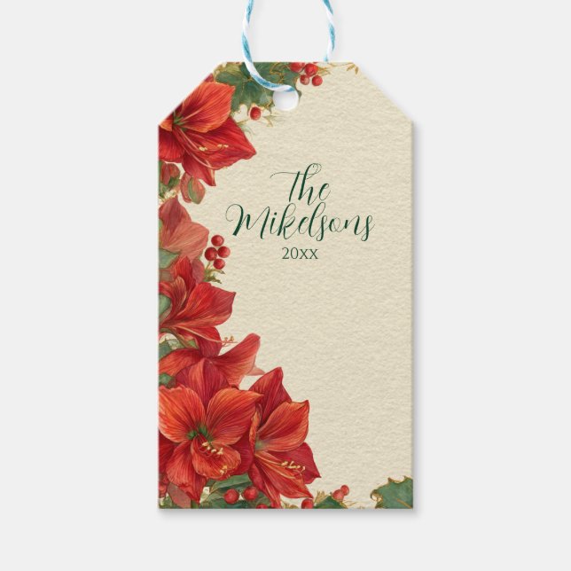 Rustic Red Amaryllis Christmas Geschenkanhänger (Vorderseite)