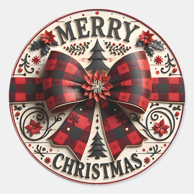 Rustic Red and Black Plaid Bow Christmas Holiday  Runder Aufkleber (Vorderseite)