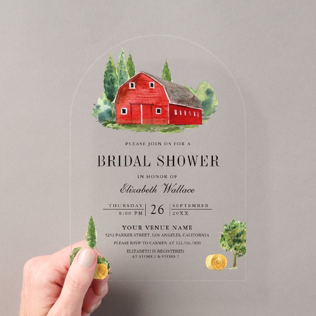 Rustic Red Barn Rural Farm Bridal Shower Acryleinladungen (Insitu (Handheld))