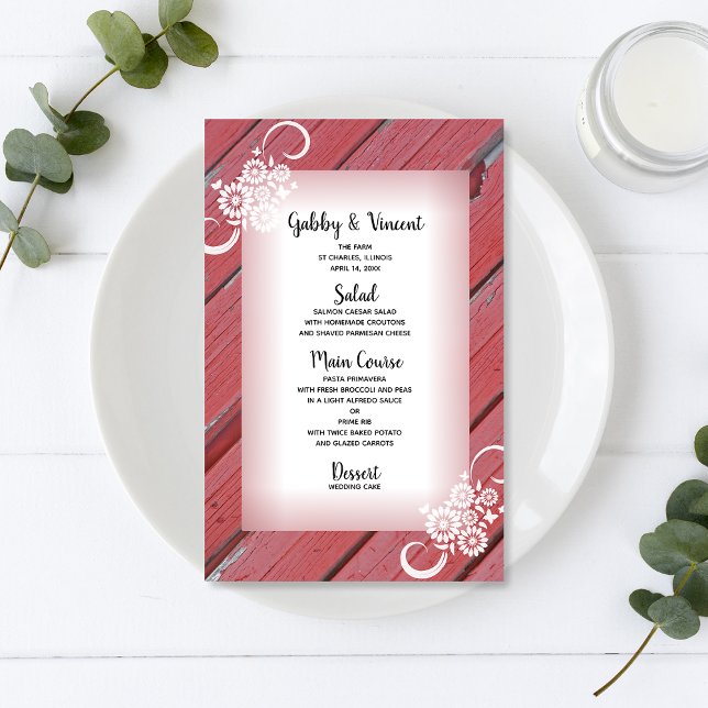 Rustic Red Barn Wood White Flowers Wedding Menu (Von Creator hochgeladen)