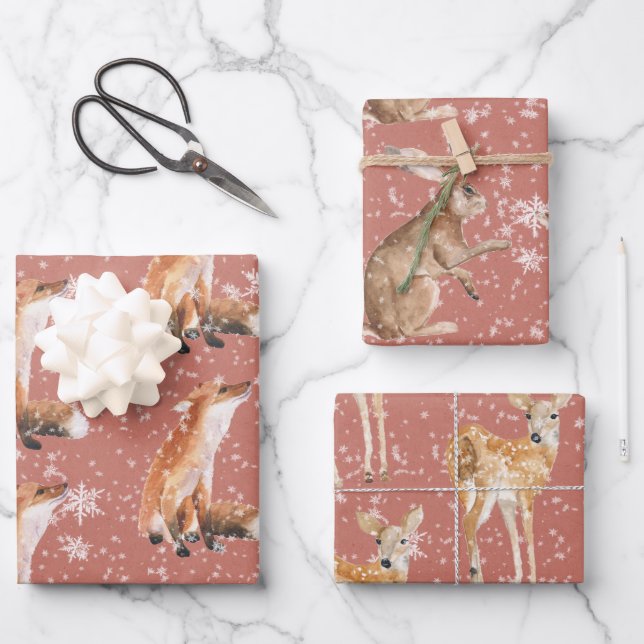 Rustic Red Elegant Snowy Winter Animals Geschenkpapier Set (Vorderseite)