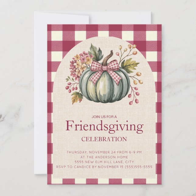 Rustic Red Gingham Aquamarin Pumpkin Friendsgiving (Vorderseite)