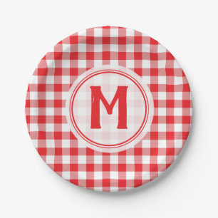 Rustic Red Gingham Family Picnic Mit Monogramm Pappteller