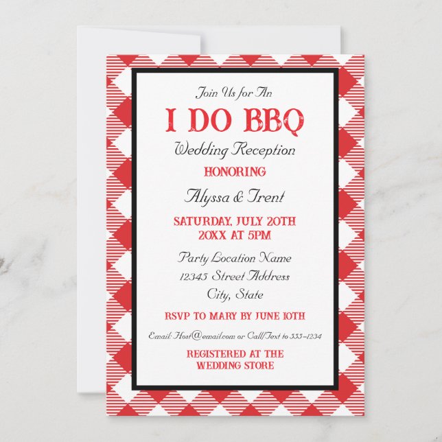 Rustic Red Gingham I Do GRILLEN Wedeption Empfang Einladung (Vorderseite)
