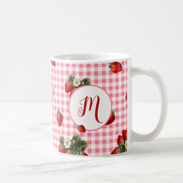 Rustic Red Gingham Strawberry Custom Monogram Kaffeetasse (Rechts)