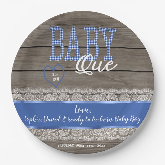 Rustic Red Gingham Wood Boy Baby ShowGRILLEN Pappteller (Vorderseite)