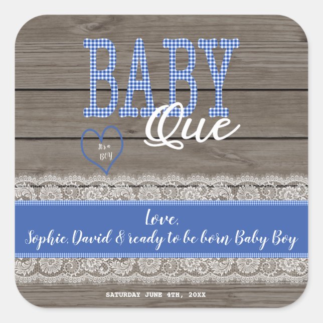 Rustic Red Gingham Wood Boy Baby ShowGRILLEN Quadratischer Aufkleber (Vorderseite)
