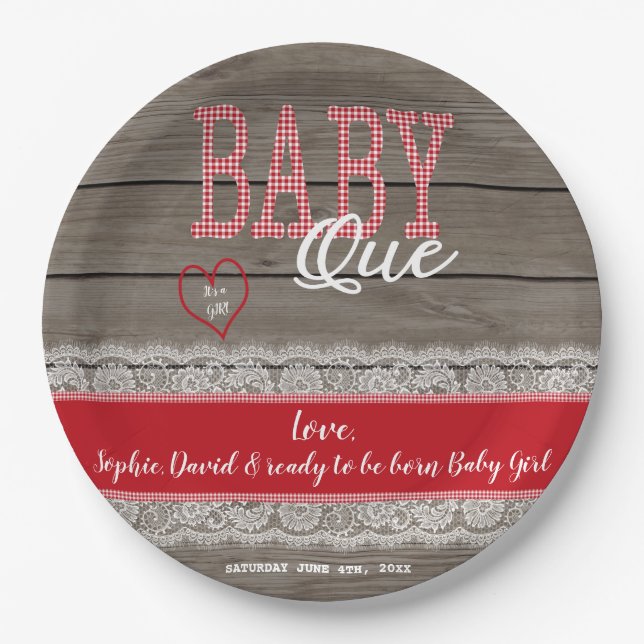 Rustic Red Gingham Wood Girl Baby ShowGRILLEN Pappteller (Vorderseite)