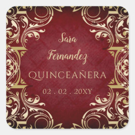 Rustic Red Gold Elegante Quinceanera Square Sticke Quadratischer Aufkleber