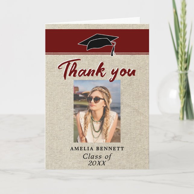 Rustic Red Graduate Cap Abschluss Foto Vielen Dank Karte (Vorderseite)