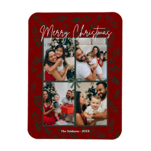 Rustic Red Green Christmas Foto Collage Card Magnet