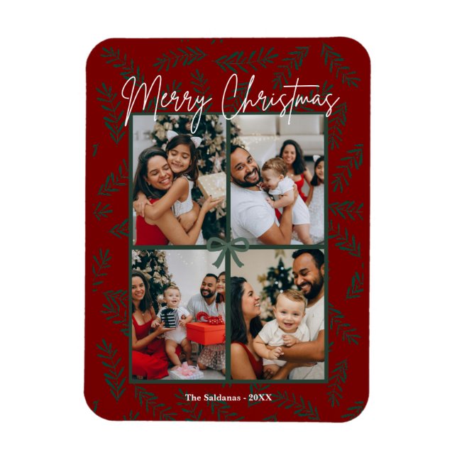 Rustic Red Green Christmas Foto Collage Card Magnet (Vertikal)