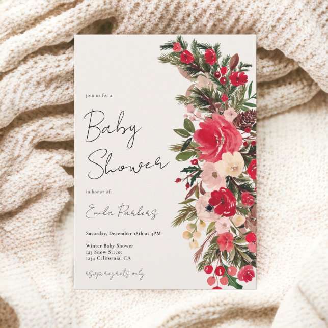 Rustic Red green Floral Winter baby shower Einladung (Rustic Red green Floral Winter baby shower Invitation)