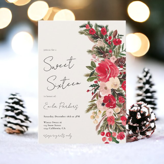 Rustic Red green Floral Winter Sweet 16 Einladung (Rustic Red green Floral Winter Sweet 16 Invitation)