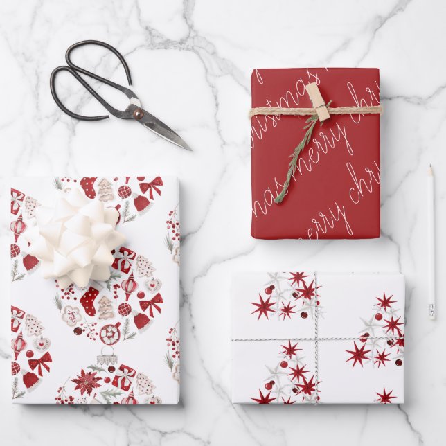 Rustic Red Green Frohe Weihnachtsdekoration Geschenkpapier Set (Vorderseite)