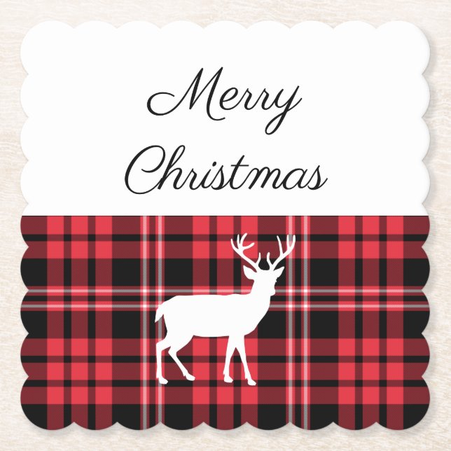 Rustic Red Kariert Stag Frohe Weihnachten Untersetzer (Vorderseite)