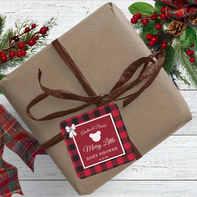 Rustic Red Plaid Merry Little Baby Shower Quadratischer Aufkleber (Von Creator hochgeladen)