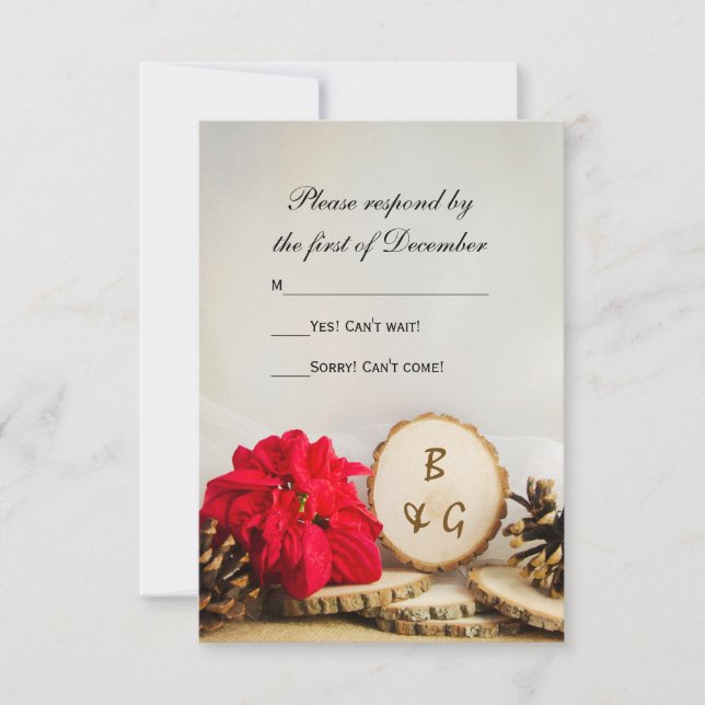 Rustic Red Poinsettia Woods Wedding RSVP Karte (Vorderseite)