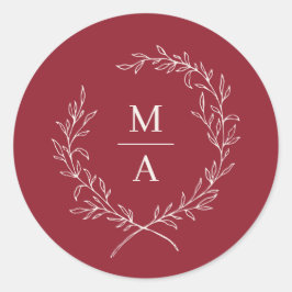 Rustic Red Simple Elegant Laurel Wreath Monogram Runder Aufkleber