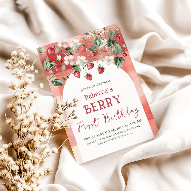 Rustic Red Strawberry Berry Erster Geburtstag Einladung (Von Creator hochgeladen)