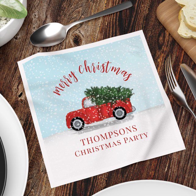 Rustic Red Truck Merry Christmas Cocktail Serviette (Merry Christmas Vintage red Truck Holiday Custom Napkins.)