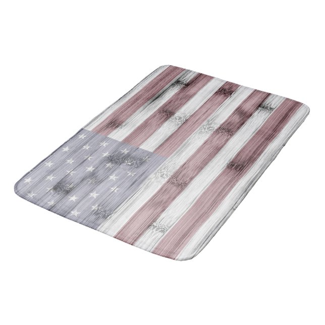 Rustic Red White Blue Wood USA Fahne Amerika Badematte (Schrägansicht)